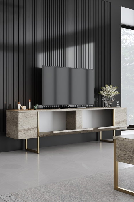 Hanah Home Juego Muebles Sala Travertino y Oro Melamina y Metal